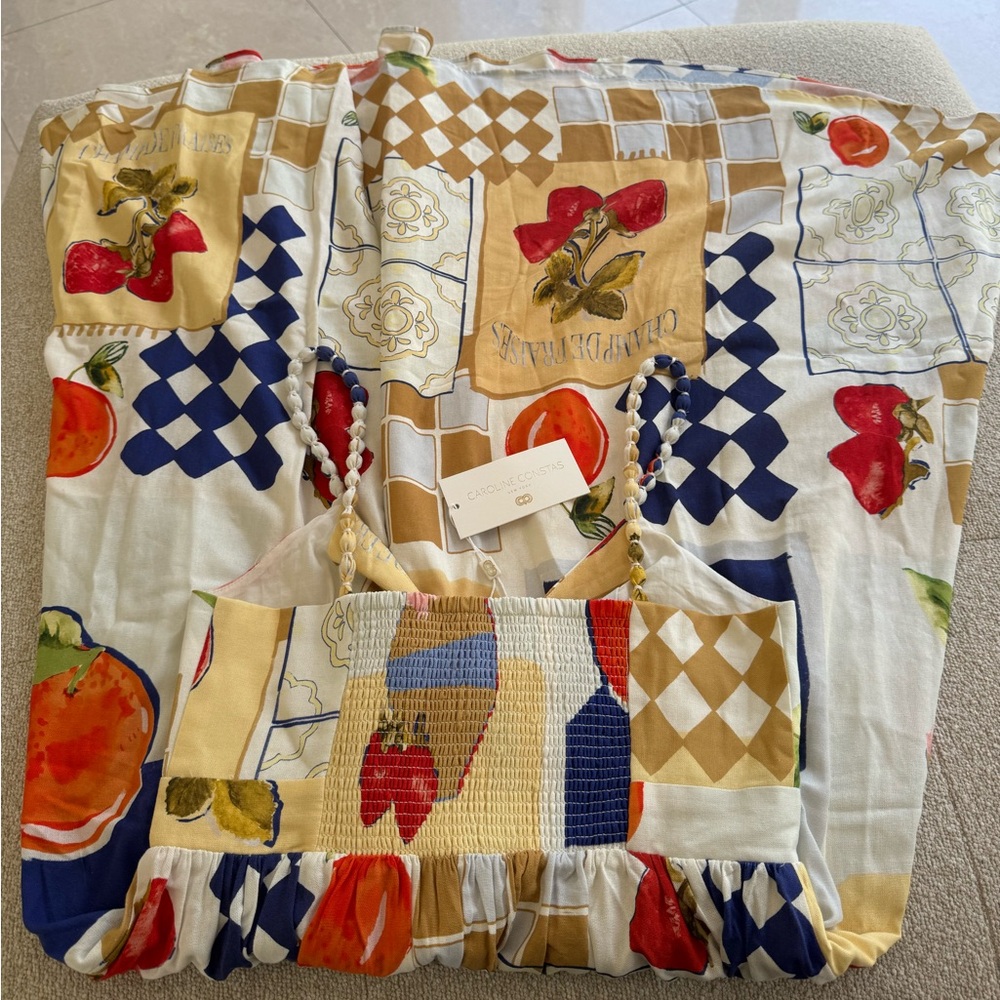 NWT Caroline Constas Champ de Fraises Printed Midi Dress with Beaded Straps - Picture 3 of 4
